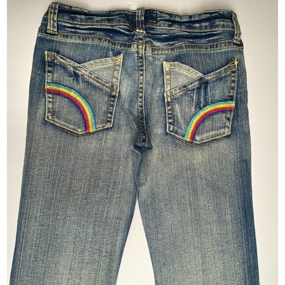 Y2K Vintage Bonage Juniors Women 9/10 Rainbow Embroidered Jeans Blue Low Rise - Picture 1 of 16